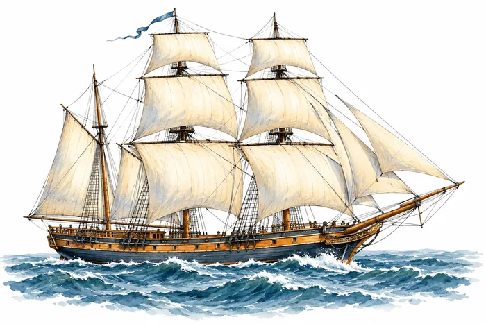 Illustration av ett segelfartyg med ljusa segel på havet.